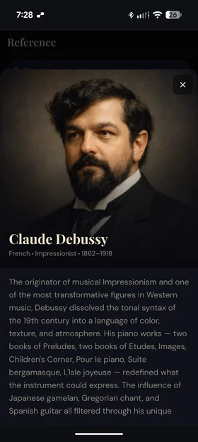 Composer reference page showing Debussy biography, portrait, and works list