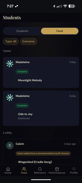 Teacher activity feed showing student practice updates