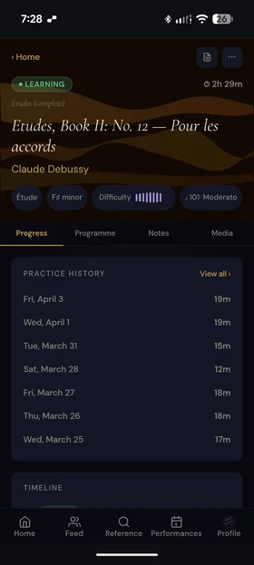 Key Passage piece detail screen showing practice history, status, and composer context